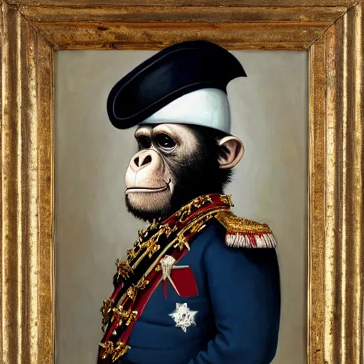 Image similar to An exquisite modern painting of a chimpanzee dressed like a bearded Napoleon with correct military uniform, no frames