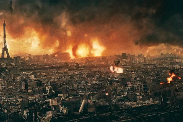 Image similar to An apocalyptic scene of Paris destroyed after the alien invasion, 70mm Imax, Cinematic, Film Still, Directed by Michael bay