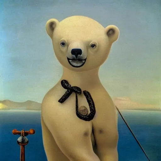 Prompt: A portrait of a sailor polar bear, oil painting by Salvador Dali