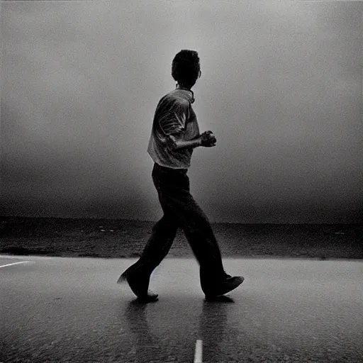 Prompt: «man running from the storm» by Trent Parke, clean, detailed, Magnum photos