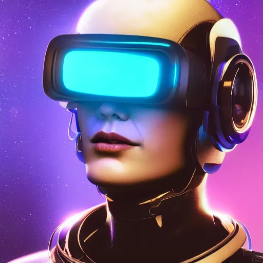 Image similar to cyberpunk concept cool cyborg bot, cinema 4 d, galaxy, cosmos, ufo, space sci - fi, wearing vr goggles, illustration, portrait, pastel neon textured background night, trending on artstation, greg rutkowski, octane rendered, 1 2 k, detailed,