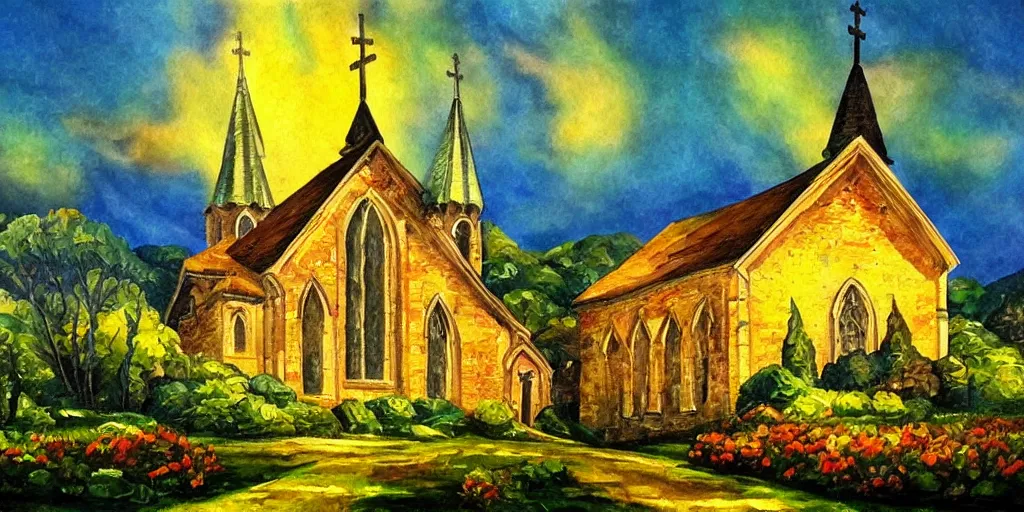 Prompt: a resplendent church in heaven, bright, oil painting of nature, beautiful concept art, ink painting