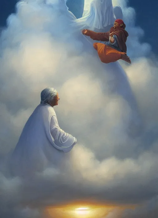 Image similar to portrait of an indigenous grandfather and grandmother in the clouds, smiling, protection, benevolence, ancestors, art by christophe vacher