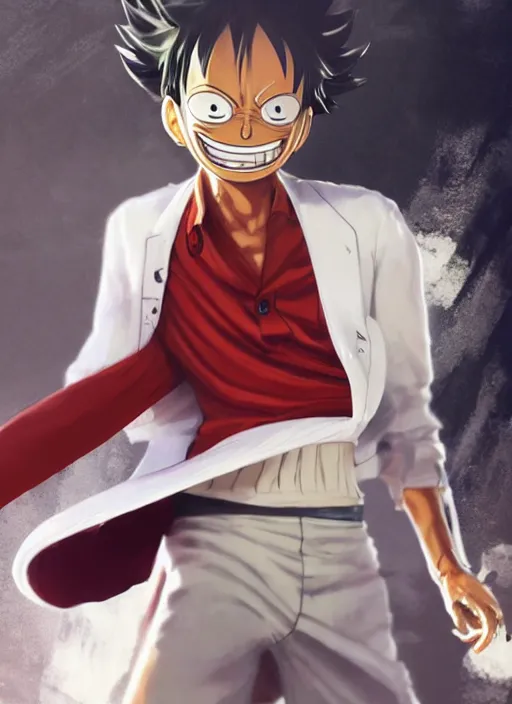 Prompt: a professional render of luffy wearing a white suit, calm face, concept art, sharp detail, smooth render, art style by Ruan Jia and Mandy Jurgens and Ian Spriggs and William-Adolphe Bouguerea