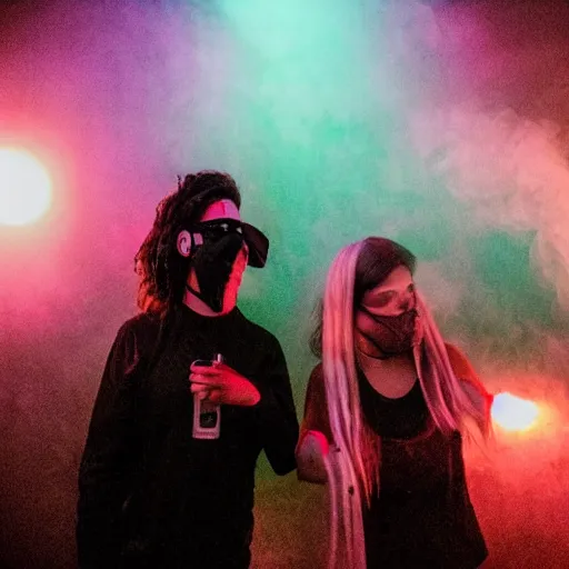 Prompt: scandy and arender, cooking it up, hot hot hot, splash, ahhhhhhh, roomies, bohemian digitals, playing a live gig at night time with masks on, colored lights, stroboscope, heavy fog machine, no faces visible, huge crowd on drugs, ecstatic, photorealistic photography