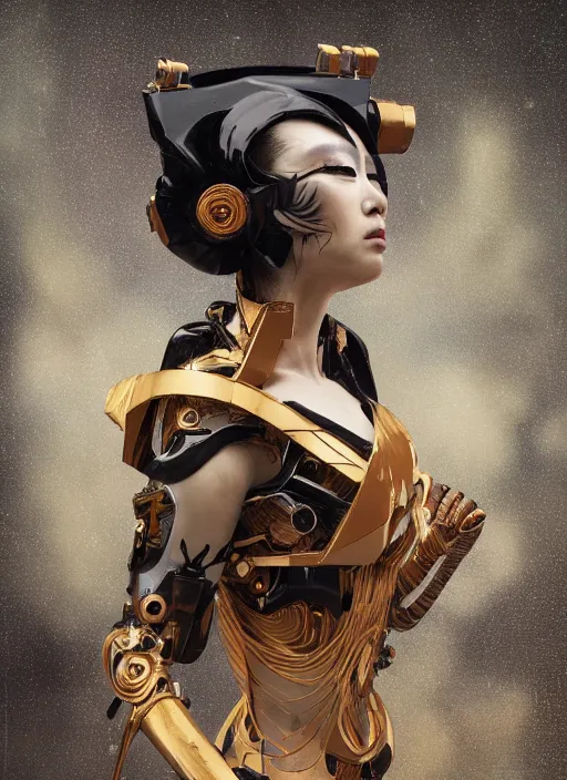 Image similar to portrait of a futuristic geisha cyborg, kintsugi, modern fine art, fractal, intricate, elegant, highly detailed, digital photography, subsurface scattering, by jheronimus bosch and greg rutkowski,