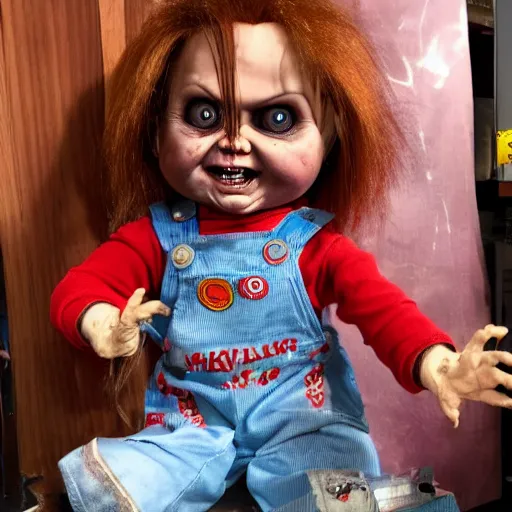 Prompt: Chucky the killer doll for sale in a pawn shop