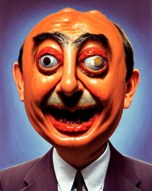 Image similar to portrait of mr bean's face in a bowl full of baked beans, face covered in beans and tomato sauce, beans in his eyes sockets, pile of beans on his head, tomato sauce in his eyes, open mouth full of with baked beans, overflowing with baked beans, rowan atkinson, muted colors, surrealist oil painting, highly detailed
