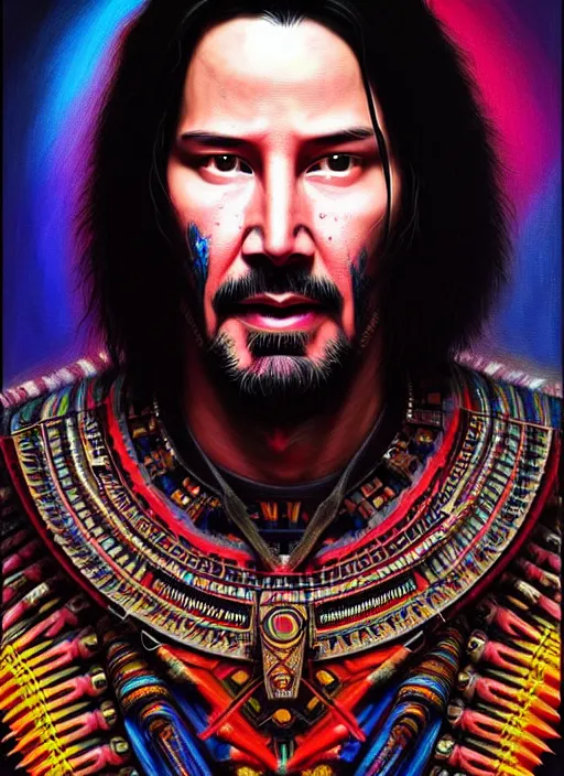 Image similar to portrait of keanu reeves, hyper detailed ultra sharp aztec shaman warrior. trending on artstation, warpaint aesthetic, bloodwave, colorful, psychedelic, ornate, intricate, digital painting, concept art, smooth, sharp focus, illustration, art by artgerm and greg rutkowski and h. r. giger, 8 k