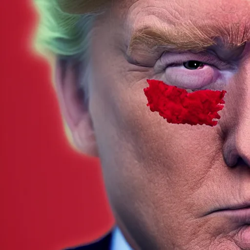 Image similar to close up photograph of extremely high donald trump, red stoner eyes, weed background, 8 k resolution