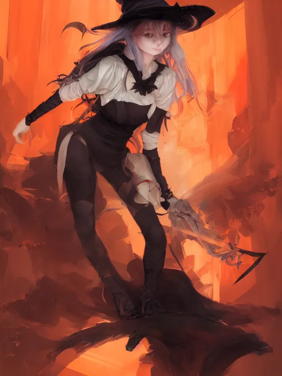 Image similar to Portrait of a cute mischievous young witch about to get up to some trouble. Black and Orange palette. By Ruan Jia and Artgerm and Range Murata and WLOP and CLAMP. Key Art. Fantasy Illustration. award winning, Artstation, intricate details, realistic, Hyperdetailed, 8k resolution.