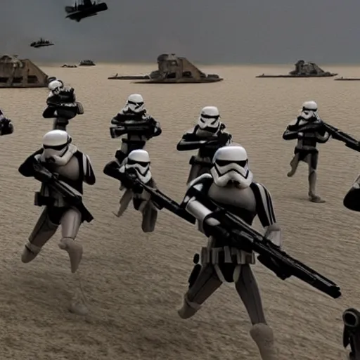 Prompt: The D day landings but with star wars. The soldiers storming the beach are rebels from star wars and the soldiers defending the beach are stormtroopers from star wars. Epic, cinematic