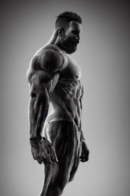 Image similar to a single muscular man wearing torn clothes, looking to the right, profile picture, hyperrealistic, concept art, octane render, unreal engine 5, trending on artstation, high quality, highly detailed, 8 k, dramatic lighting, cinematic, high coherence, anatomically correct, five fingers, digital art, seductive, black and white, big beard, epic