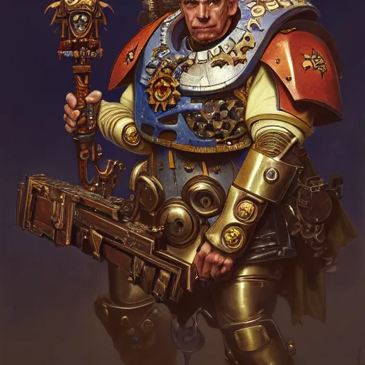 Image similar to full portrait of warhammer 4 0 k mike meyers, fantasy, d & d, intricate, detailed, by by alphonse mucha, adolfo hohenstein, alice russell glenny, stanley artgerm lau, greg rutkowski, detailed, trending on artstation, trending on artstation, smooth