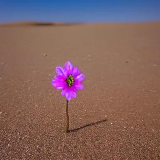 Image similar to a single small pretty desert flower blooms in the middle of a bleak arid empty desert, near the flower a large topaz crystal is partly revealed, background sand dunes, clear sky, low angle, dramatic, cinematic, tranquil, alive, life.