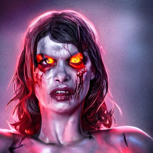 Prompt: angry zombie portrait of milla jovovich, a urban city background, grimdark horror, stylized digital illustration, radiating a glowing aura, global illumination, ray tracing, hdr, fanart arstation by ian pesty and katarzyna bek - chmiel