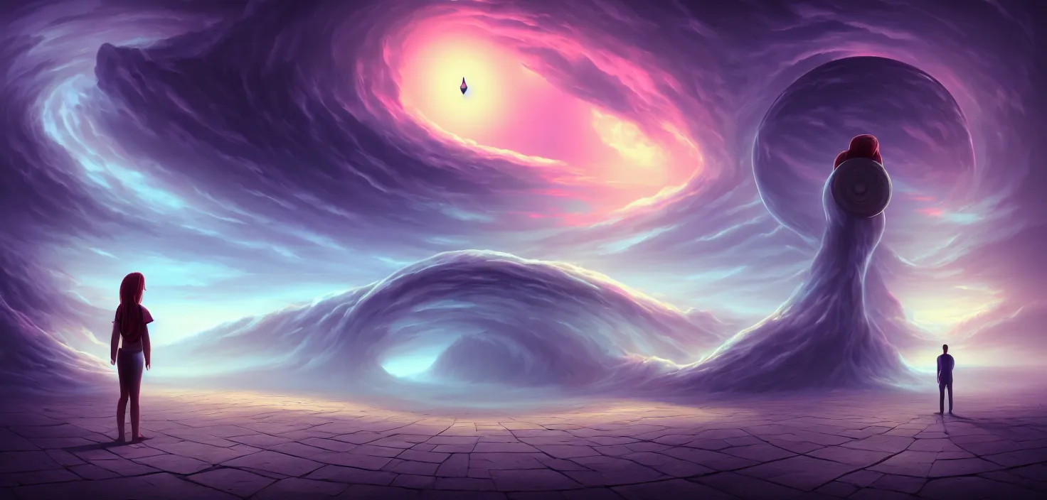 Image similar to a person standing in front of a large circular object, an album cover by cyril rolando, deviantart, magic realism, photoillustration, apocalypse art, matte drawing