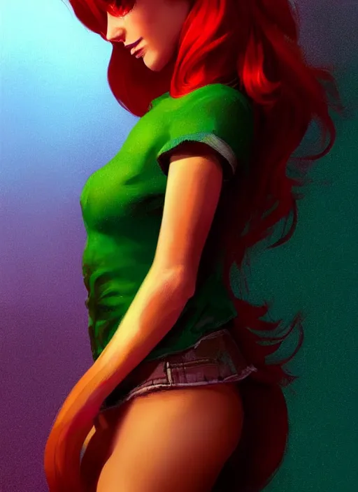 Image similar to full body portrait of teenage cheryl blossom, bangs, green eyes, mischievous expression, red hair, sultry smirk, bangs and wavy hair, intricate, elegant, glowing lights, highly detailed, digital painting, artstation, concept art, smooth, sharp focus, illustration, art by wlop, mars ravelo and greg rutkowski