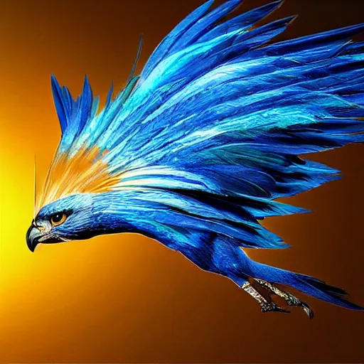 Prompt: blue phoenix bird, his feathers are electrical discharges, it's flying between a storm, high - quality, realistic