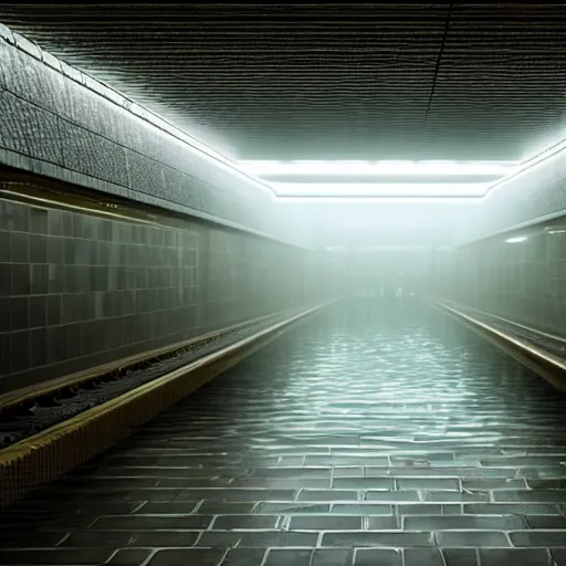 Image similar to photo of a subway station, the floor is flooded with one meter deep water. eerie, volumetric lighting. highly - detailed 4 k