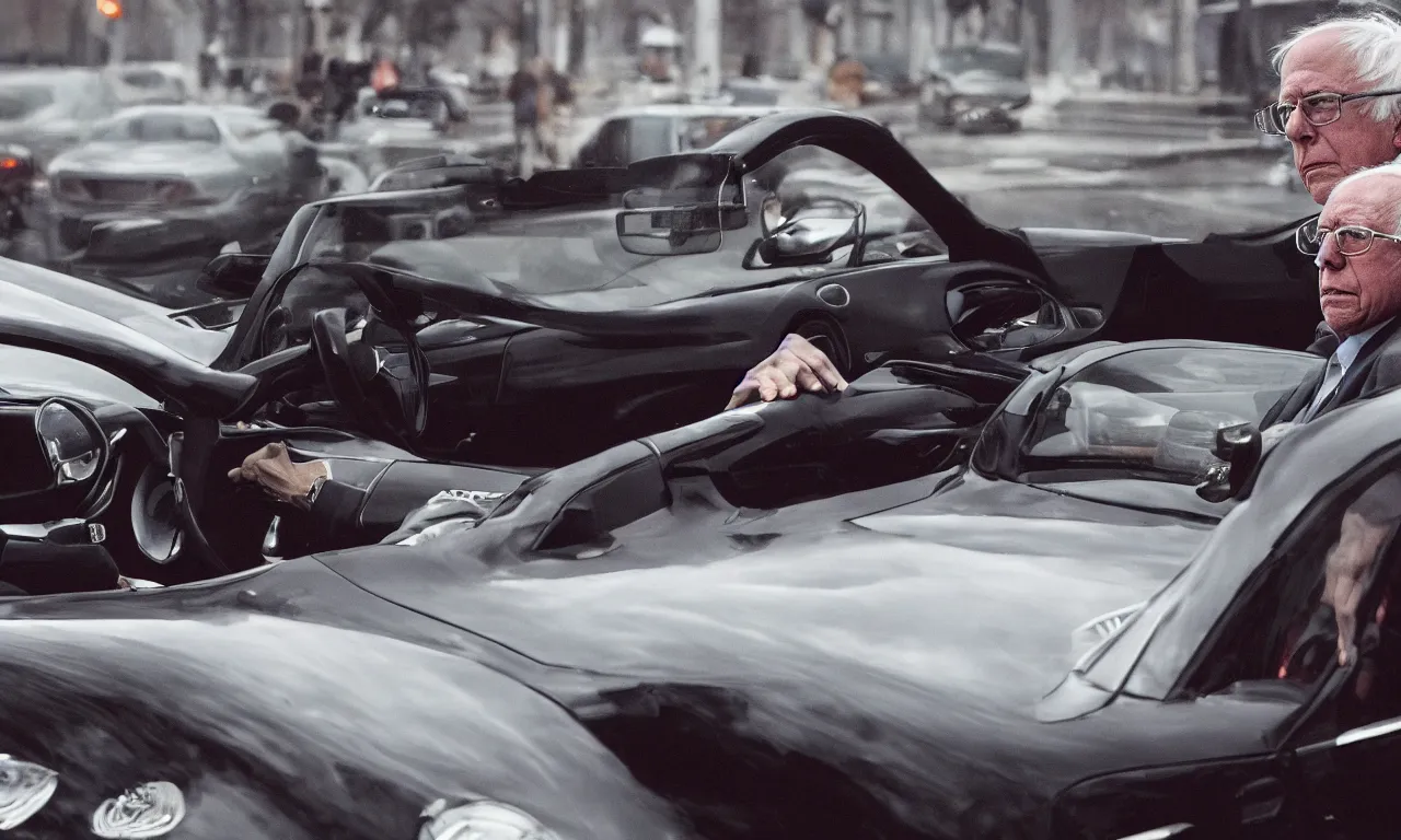 Image similar to a journalist photo of Bernie Sanders driving his opulent new sports car, cinematic, elegant, highly detail, artstation smooth, art