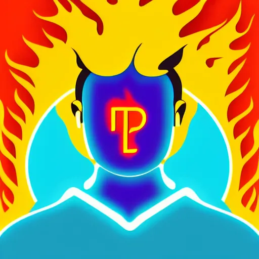 Image similar to cartoon person on fire as logo, burning, flames, symmetrical, washed out color, centered, art deco, 1 9 5 0's futuristic, glowing highlights, peaceful