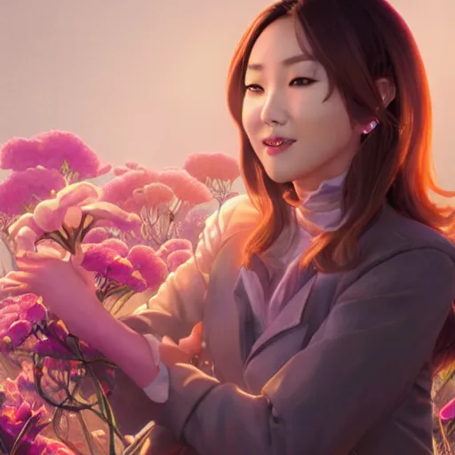 Image similar to portrait of hong jin - young, 홍진영, smiling with flowers in hands. sharp focus, cinematic pose, cinematic lighting, unreal engine render. art by josan gonzales and moebius and deathburger.