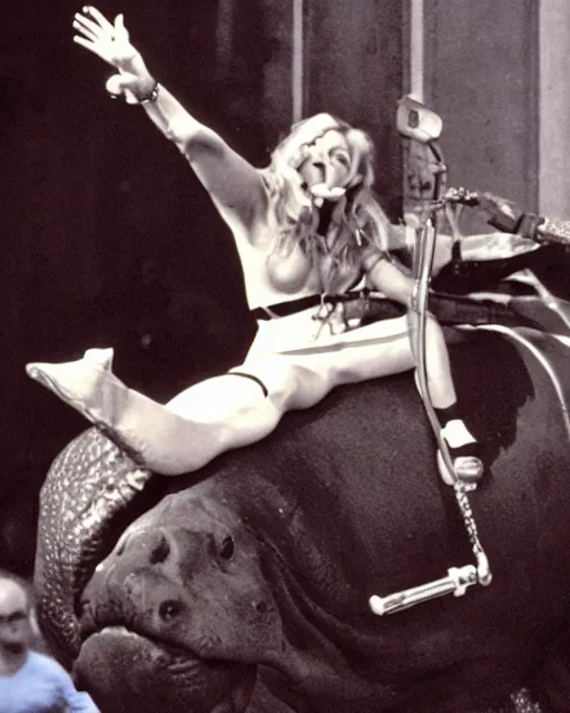 Image similar to photograph of Madonna Ciconne riding a Hippo during a concert performance