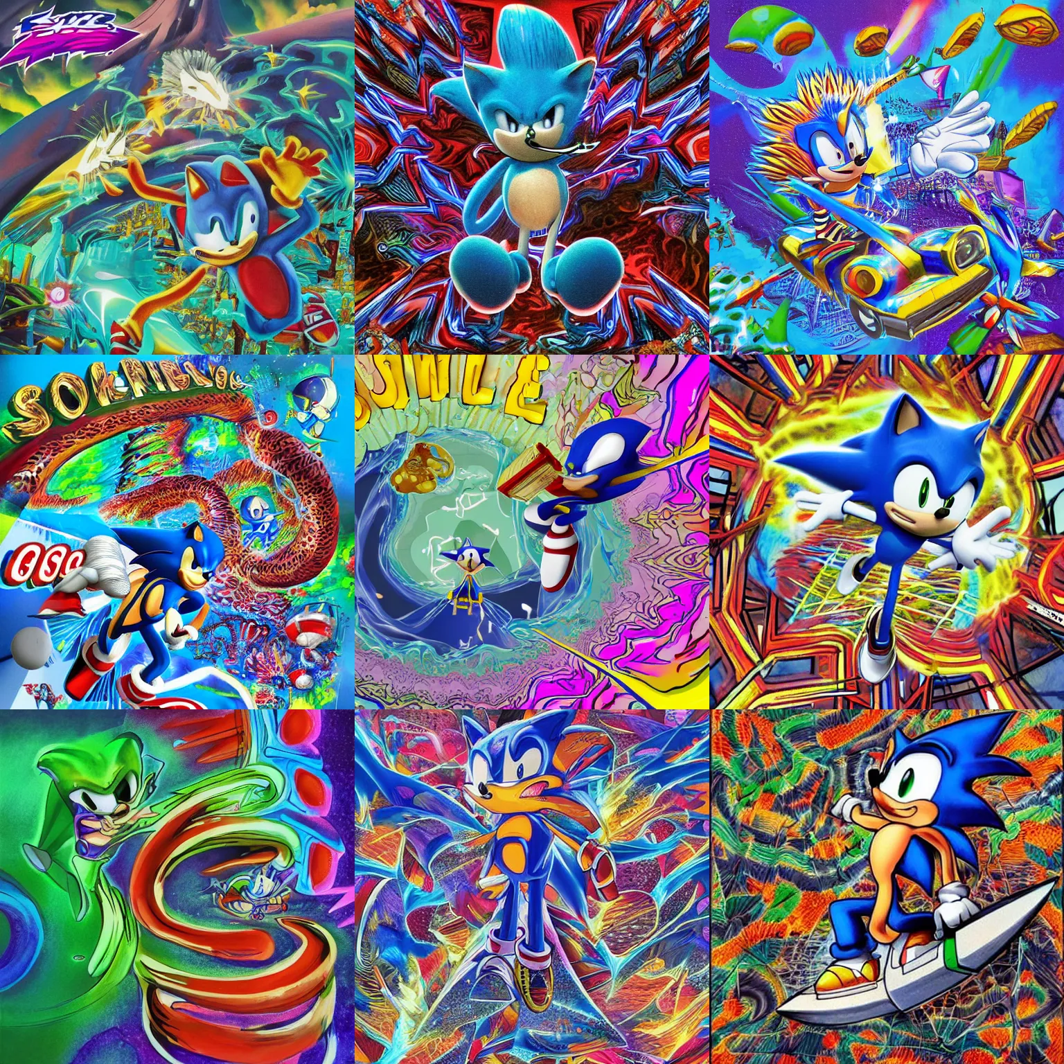 Prompt: sonic in a surreal, sharp, detailed professional, high quality airbrush art MGMT album cover of a liquid dissolving LSD DMT blue sonic the hedgehog surfing through cyberspace, mandelbrot pattern, 1990s 1992 Sega Genesis video game album cover