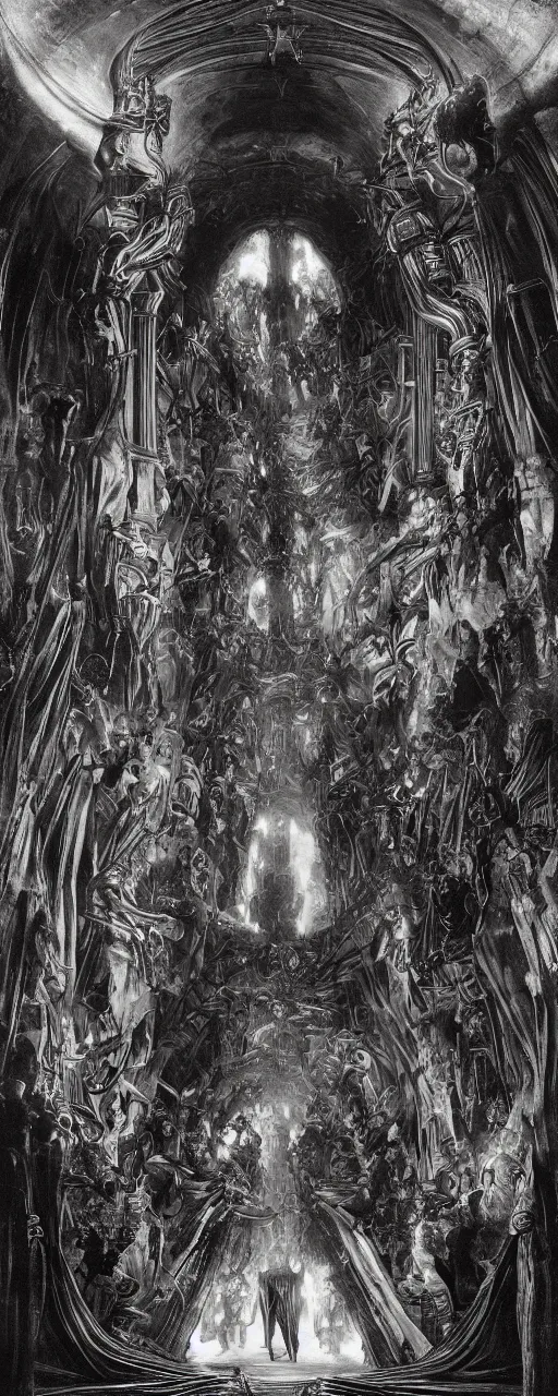 Image similar to medieval explorers inside an enormous alien cavern, enormous shiny black alien architecture, an enormous portal opens to another dimension, translucent, inner illumination, cinematic lighting, volumetric, complementary color, by h. r. giger and gustave dore, by alphonse mucha and roger deakins