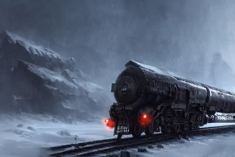 Image similar to a grand intricate futuristic black steam train next to a giant mammoth, post - apocalyptic ice landscape in snowstorm, concept art, artstation, highly detailed, digital art