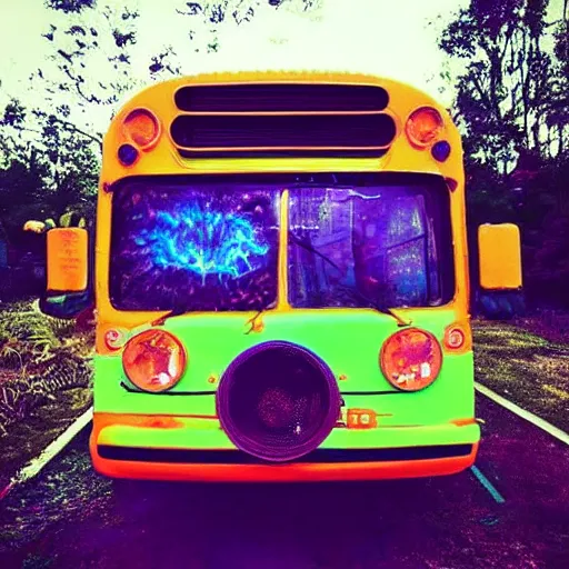 Image similar to magic school bus, trippy, instagram, beautiful, wavy bus