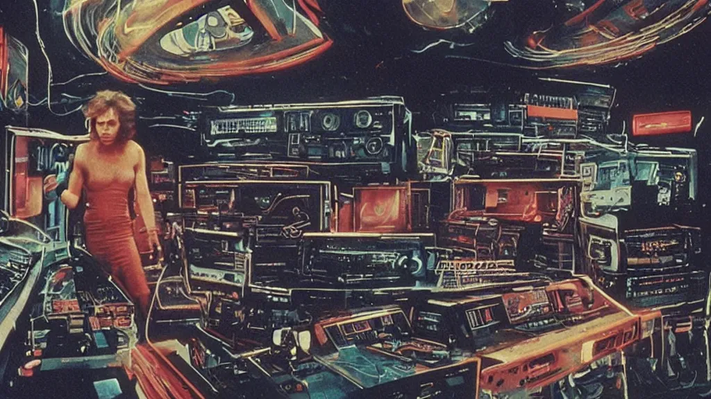 Prompt: full - color movie - frame from a 1 9 8 7 sequel to “ videodrome ” directed by “ david cronenberg ”. retrofuturism ; color cinematic photography ; cassette - punk ; cassette - futurism ; dystopian ; suspense ; people conversing and stalking each other near video - decks or reel - to - reel tapes or radio - equipment or mainframe computers.