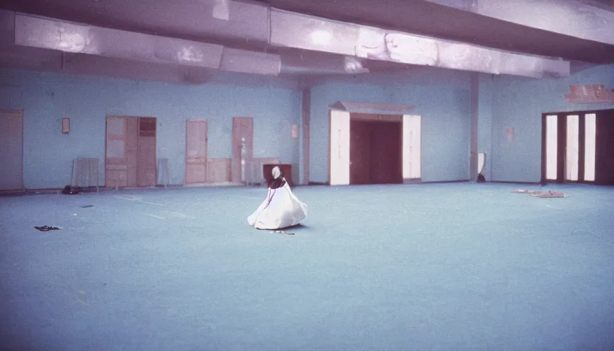 Image similar to 60s movie still of a white japanese female phantoms bloody in an empty soviet stalinist style ballroom with blue beds, cinestill 800t 35mm technicolor, heavy grain, high quality, higly detailed, liminal space