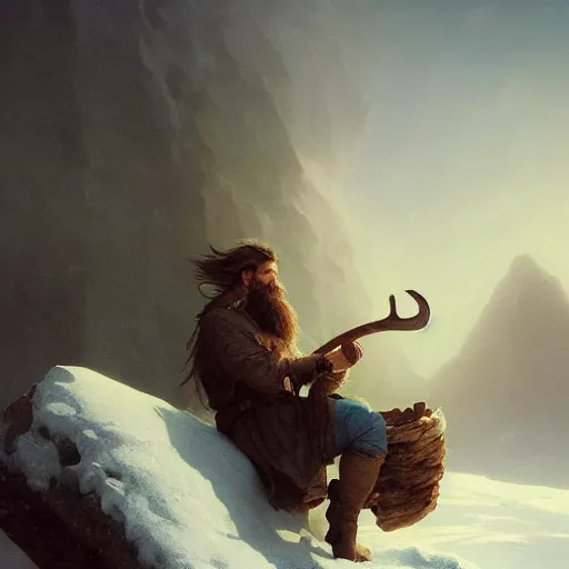 Prompt: epic portrait an male viking eating loaf of bread, winter, blizzardy weather, mountains backround, long blonde beard, snowy hair, broad light, ambient occlusion, volumetric light effect, made by ivan aivazovsky, peter mohrbacher, greg rutkowski, matte painting, trending on artstation, 4 k, perfectly defined features, digital painting,