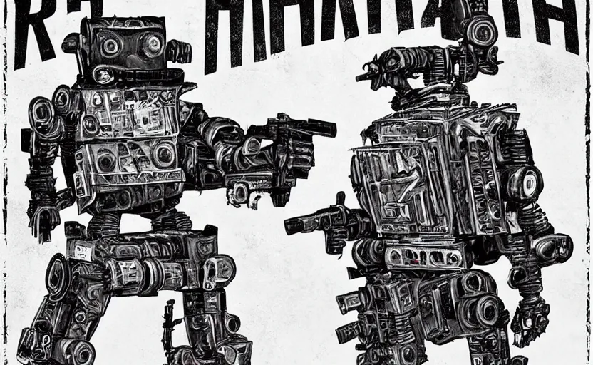 Image similar to robot made of guns, gritty, goes hard, america, poster, detailed, award winning, iconic, ww 3,