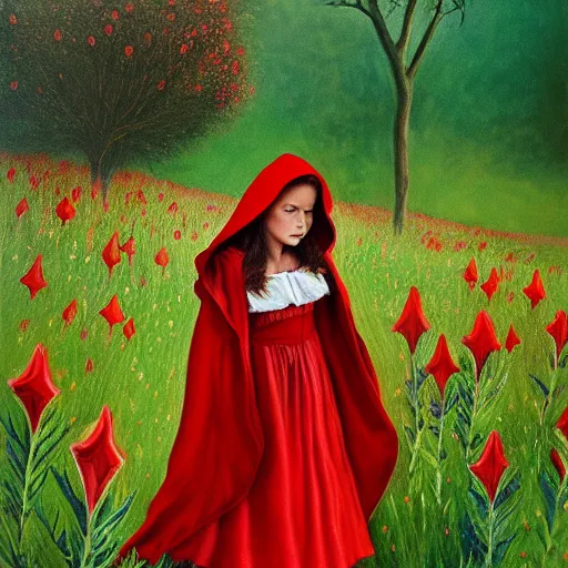 Image similar to painting of little red riding hood walking through a meadow of datura flowers, realistic