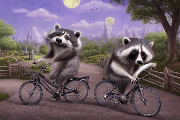 Prompt: highly detailed matte painting of a happy raccoon riding a bicycle by mark ryden, lowbrow, 8 k resolution.