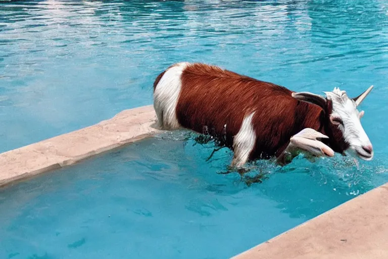 Prompt: a goat swimming in the pool