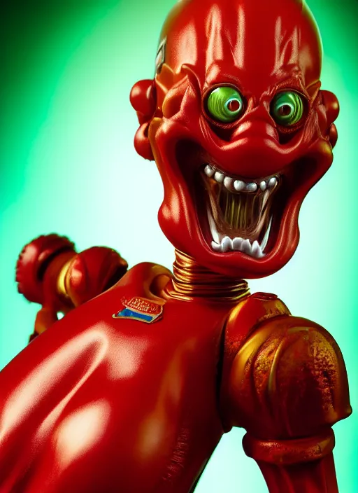 Image similar to hyperrealistic rendering, shiny mars attacks martian by and richard corben and jeff easley, product photography, action figure, sofubi, studio lighting, colored gels, rimlight, backlight