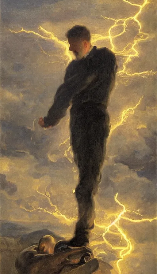 Image similar to still life painting of man getting struck by lightning, by Peder Krøyer, golden hour, dramatic lighting, epic, gargantuan, intricate detail, canvas print