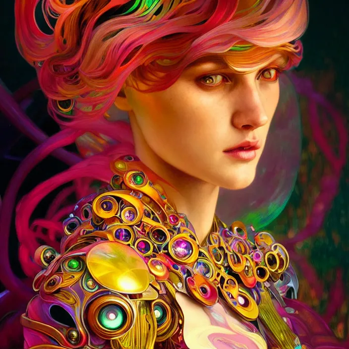 Image similar to bright psychedelic portrait of shiny organic cyborg, wings, diffuse lighting, fantasy, intricate, elegant, highly detailed, lifelike, photorealistic, digital painting, artstation, illustration, concept art, smooth, sharp focus, art by John Collier and Albert Aublet and Krenz Cushart and Artem Demura and Alphonse Mucha