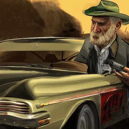 Image similar to highly detailed old man in car holding gun gta v art,, fantasy art by stephen bliss