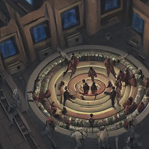 Prompt: hyper detailed, 5 monks kneeling in a circle, wires coming out of the back of their heads connecting them to a computer in the center, dark shadowy surroundings, dystopian scifi, horror