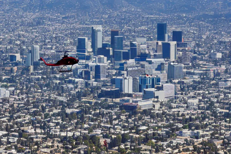 Image similar to A helicopter flying high over the city of Los Angeles, 4k, high quality, award winning photo, highly detailed