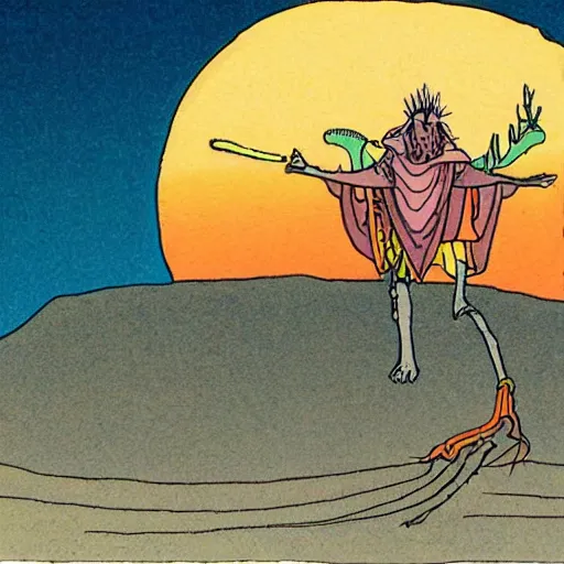 Image similar to sunset in a desert, shaman doing a ritual, energy streams, magic, drawing by moebius