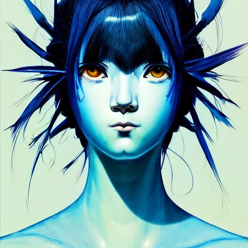 Image similar to prompt : blue portrait soft light painted by james jean and katsuhiro otomo and erik jones, inspired by evangeleon anime, smooth face feature, intricate oil painting, high detail illustration, sharp high detail, manga and anime 1 9 9 0