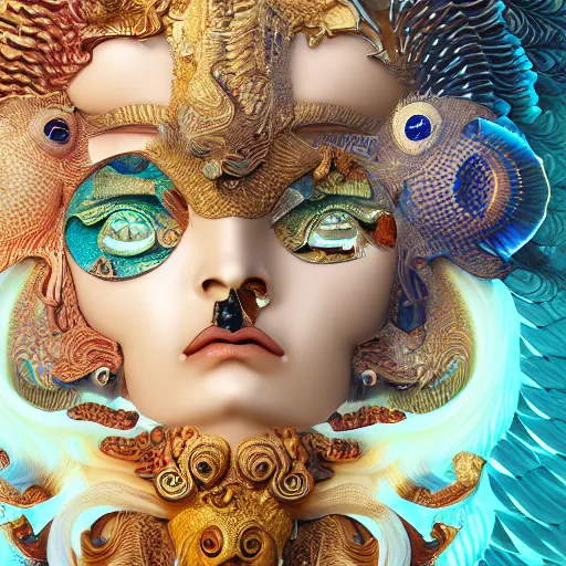 Image similar to 3 d goddess close - up frontal portrait with ram golden skull. beautiful intricately detailed japanese crow kitsune mask and clasical japanese kimono. betta fish, jellyfish phoenix, bio luminescent, plasma, ice, water, wind, creature, mandelbulb, fractal, artwork by tooth wu and wlop and beeple and greg rutkowski