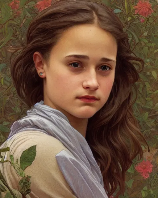 Prompt: a beautiful, detailed close - up smooth comics cover painting portrait of 1 4 - year old emma alicia vikander with open mouth staring in wonder, shy, blushing, tilted head, wearing an oversize sweater by joshua middleton, bouguereau, and alphonse mucha