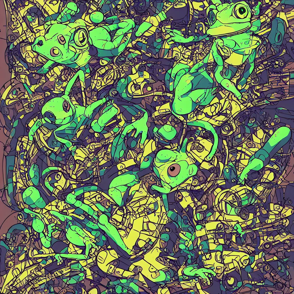 Image similar to toad head, ryuta ueda artwork, breakcore, style of jet set radio, y 2 k, gloom, space, cel - shaded art style, frogs, amphibians, sacred geometry, data, minimal, code, cybernetic, dark, eerie, cyber